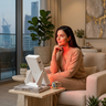 Person using a mini red light therapy panel while relaxing at home